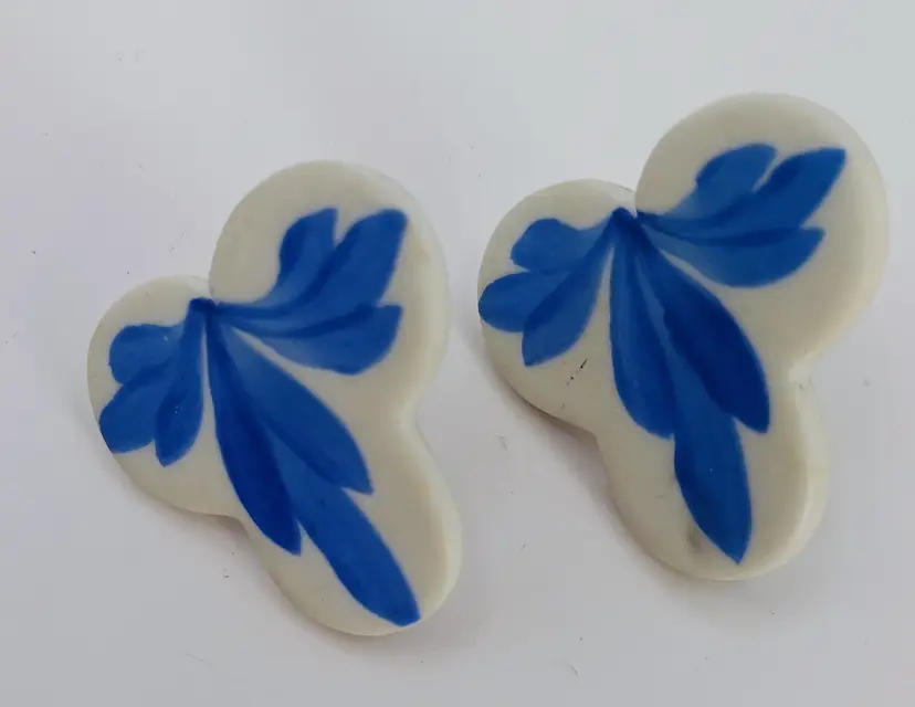 Vintage Pair of Handmade Clay Blue Leaf Design Post Earrings.