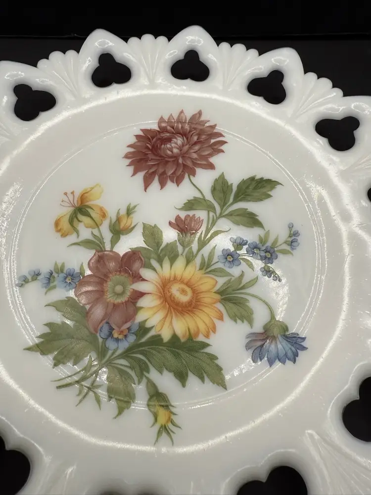 Milk Glass Plate Floral Design John Kemple