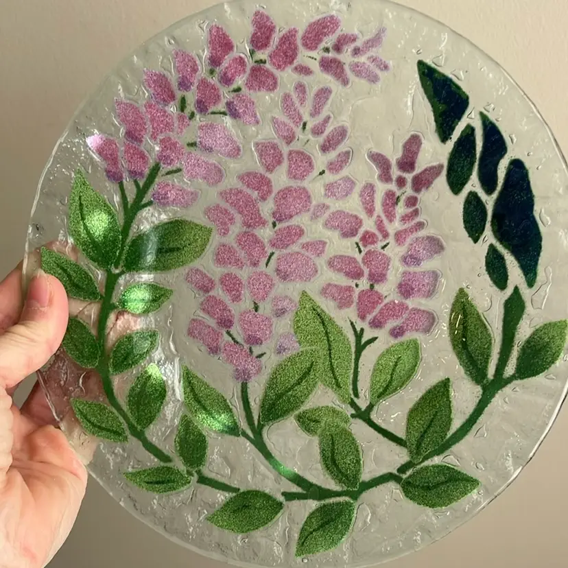 Vintage Bill Sydenstricker Fused art Glass Foral Plate Pink Green Flowers