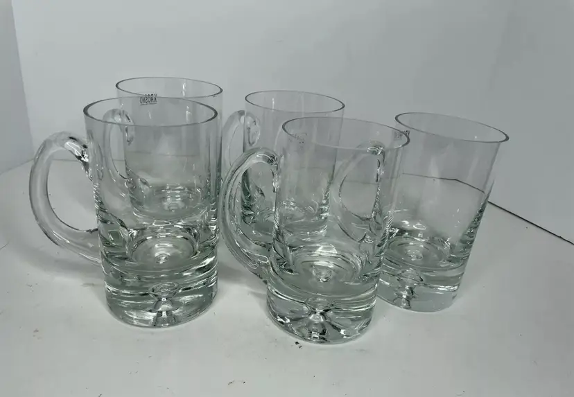 Vintage 5 Krosno Poland Crystal Pint Beer Mugs Bubble Base Crate & Barrel NOS