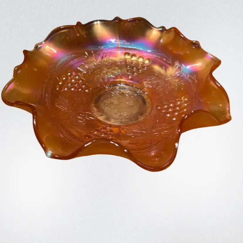 03. Fenton Marigold Carnival Glass Grape & Cable Bowl 7 1/2" Wide