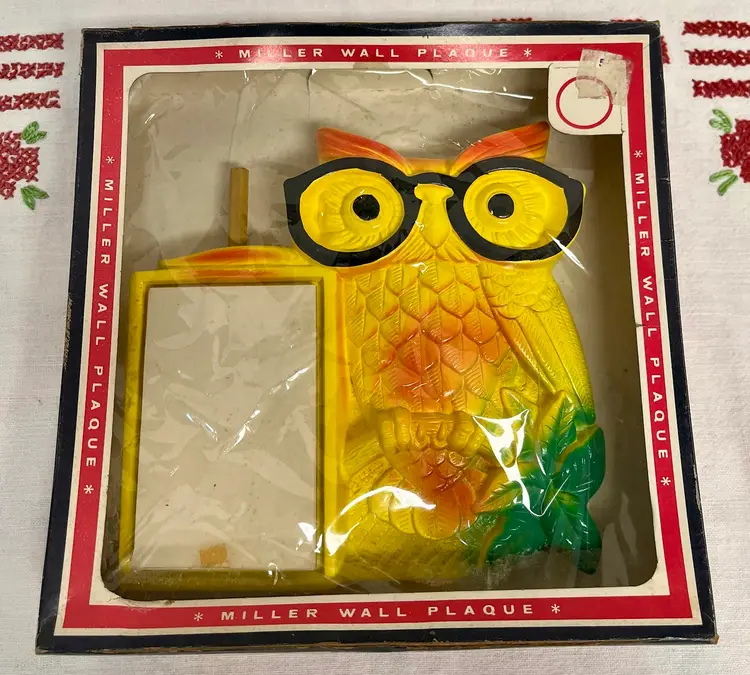 1970’s Miller Studio Yellow Owl Chalkware Decorative Wall Plaques , Notepad Or Thermometer, NOS In Original Box