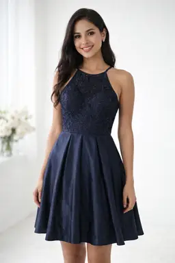 JJs House Navy Blue 8 Lace Fit & Flare Midi Dress Open Back Prom Formal Pockets