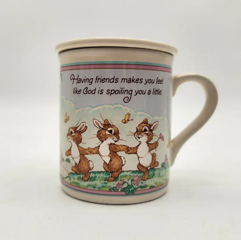 Vintage 1986 Hallmark Mug Mates Ann Wilson Bunny Friends Ceramic Mug Lid/Saucer