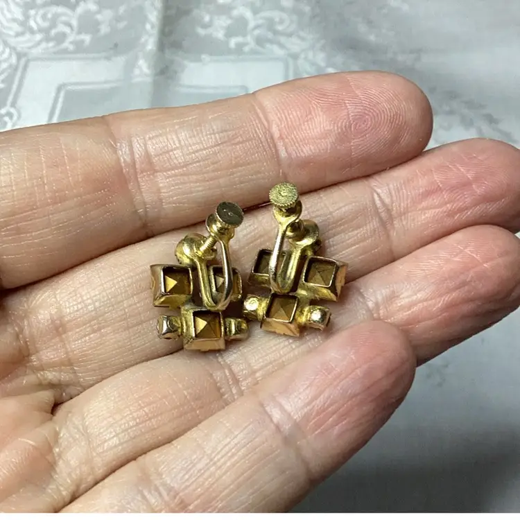 Vintage MCM Blue And Clear Rhinestones Screw Back Gold Tone Earrings