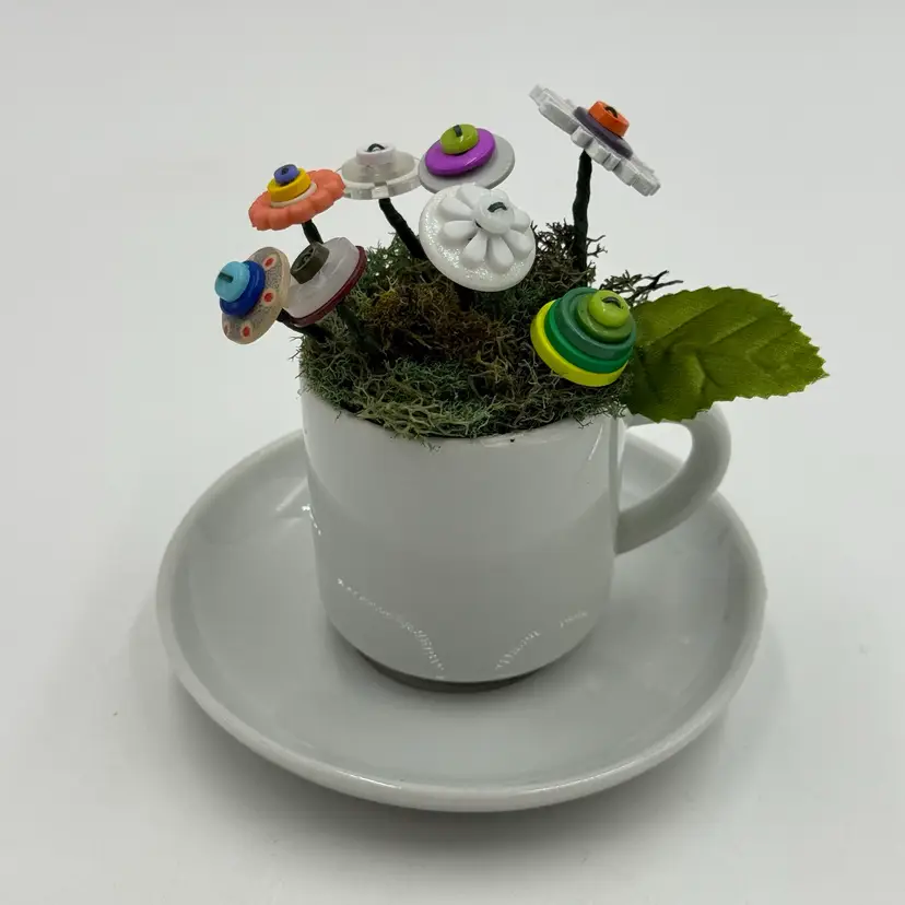 Handcrafted Button Flower Teacup Figurine