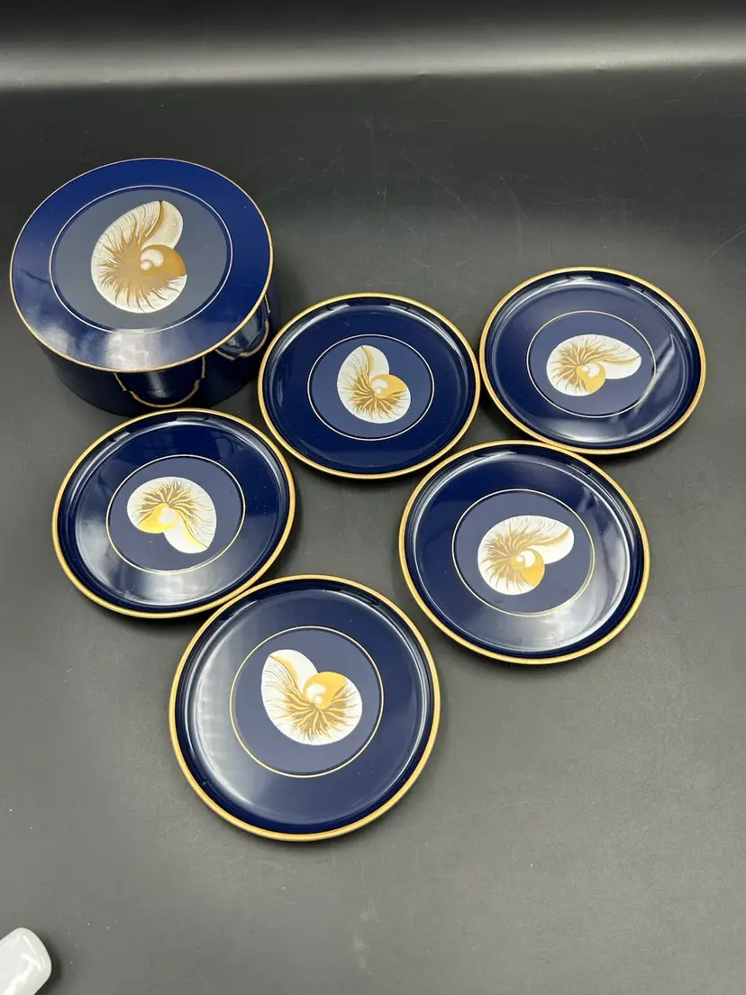 Vintage Otagiri Nautilis Seashell Conch, Navy Blue With Gold Accent Coaster Set With Box
