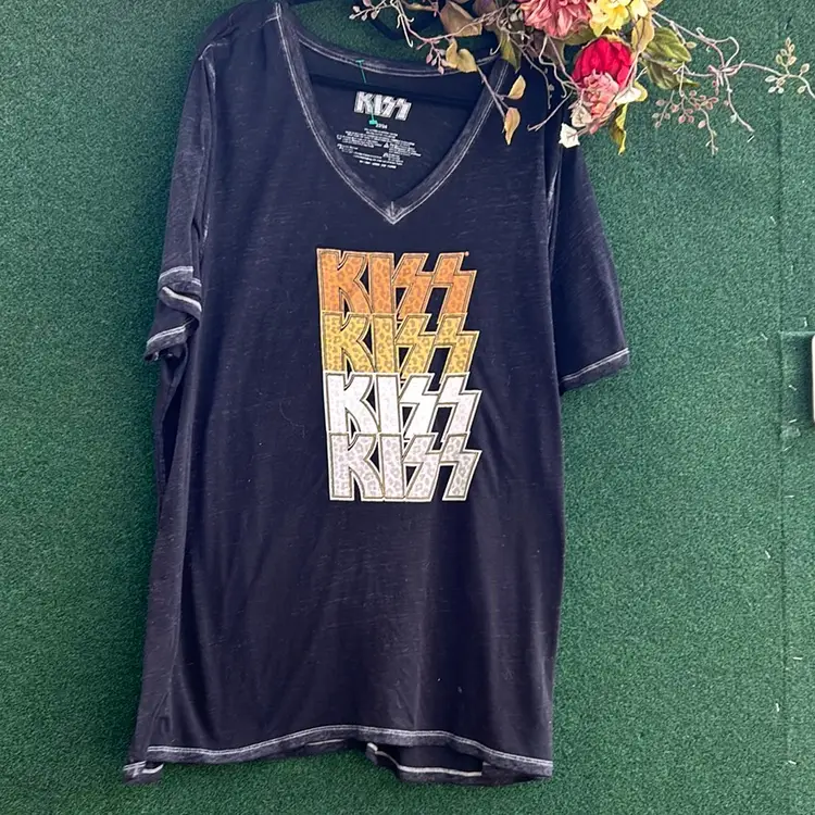Kiss Sheer Black Shirt, Leopard Print Letters, Official Merchandise
