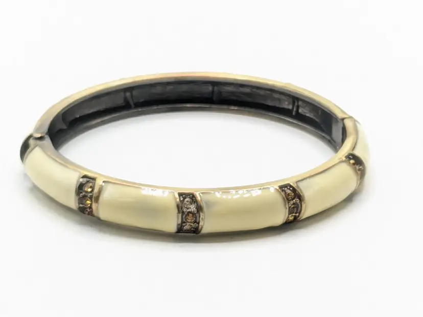 Cream Enameled with Yellow Rhinestones Hinged Bangle Bracelet