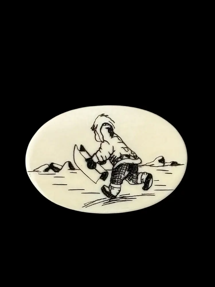 Vintage Scrimshaw Alaksa Pin Brooch with Box & Information