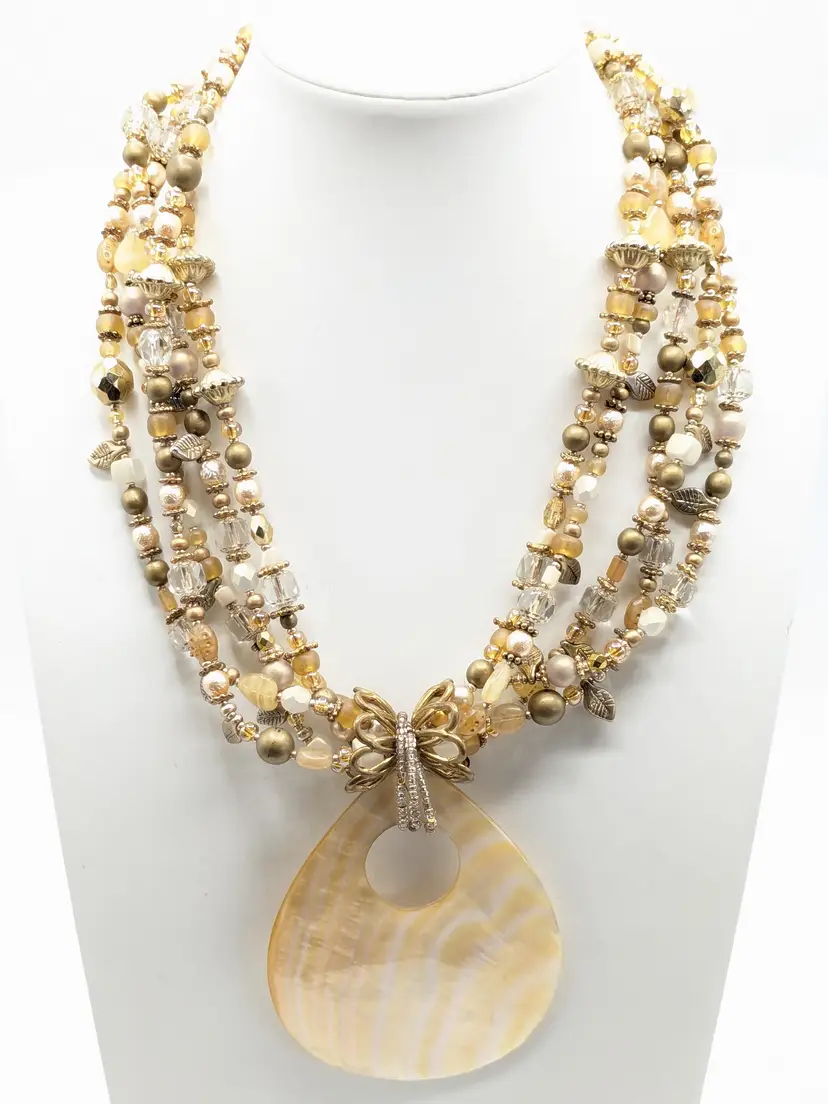 Beaded Multi-Strand Necklace with Abalone Pendant Gold Tone