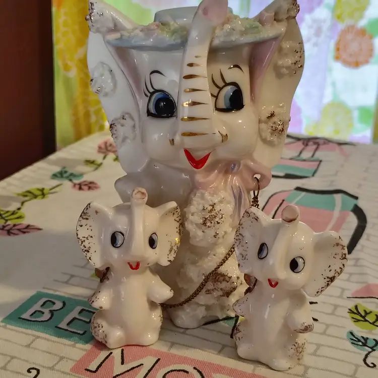 Vintage Chained Elephant Family | Kitschy Mid Century Mama and Baby Elephant Figurines | Porcelain Flowers and "Spaghetti" | Made in Japan