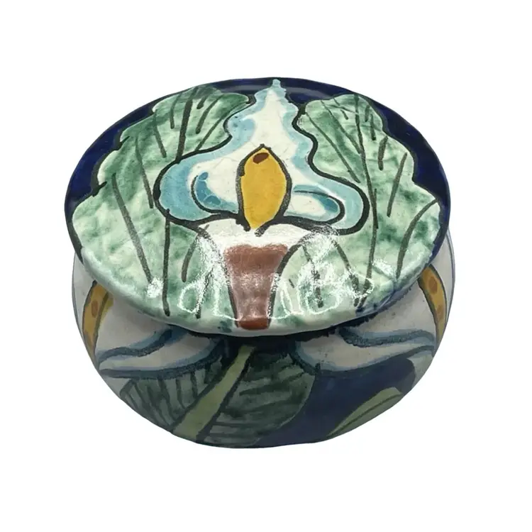 Mexican Talavera Jewelry Trinket Box Pottery Folk Art Blue Calla Lily with Lid
