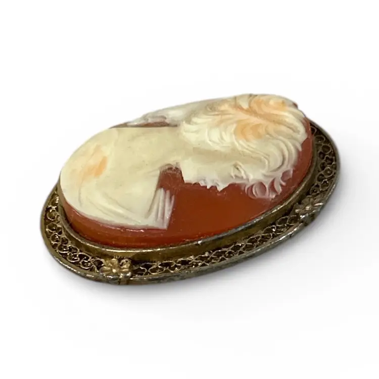Vintage Cameo Brooch Pin Or Pendant Cream And Orange Resin Based