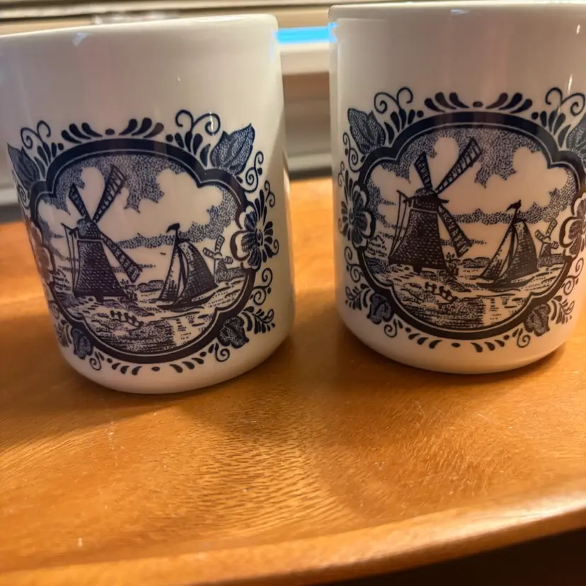 Pair of Vintage Delft Blue Windmill Handleless Mugs - Made in Britain