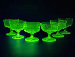 Vintage Anchor Hocking Circle Green Low Sherbet Glass Dessert Dishes Set of (6) | Uranium Glass