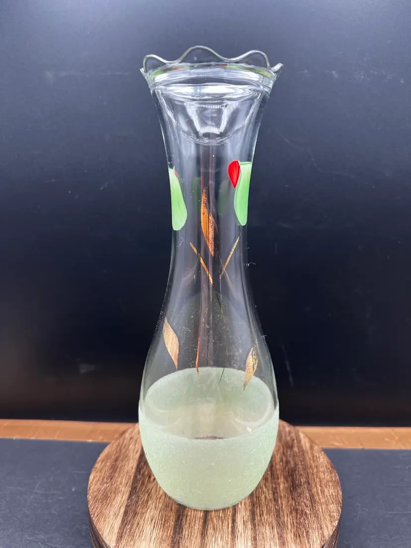 #880B Vintage Bartlett Collins Hand Painted Vase With Green Frosted Bottom And Scalloped Rim. Olive And Leaf Motif With Gold Accents