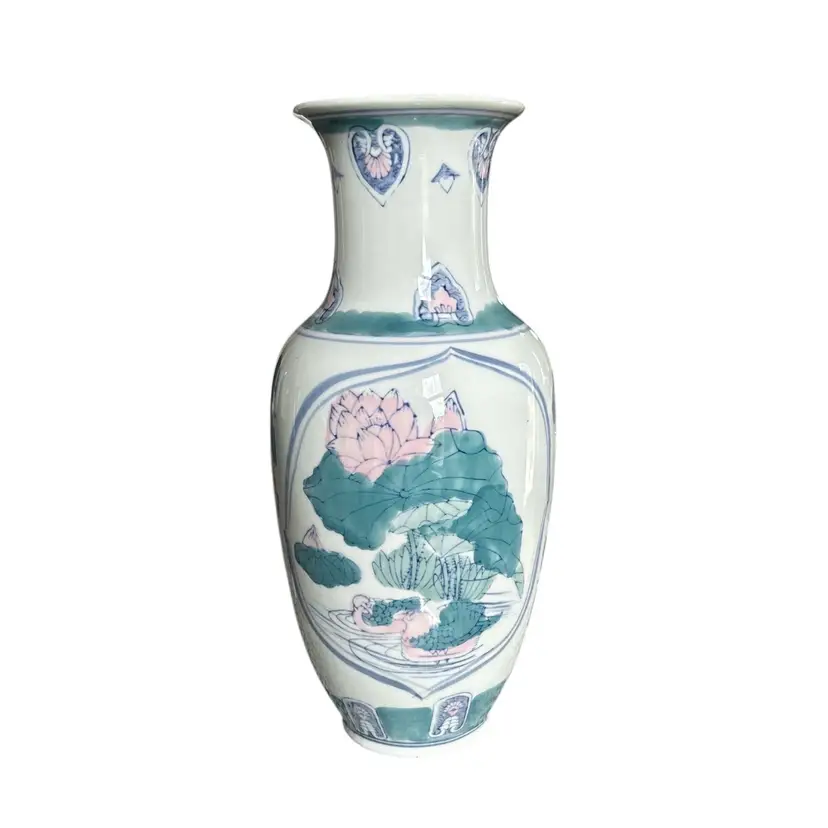 Tall Chinoiserie Ceramic White Vase With Hand Painted Ducks And Flowers