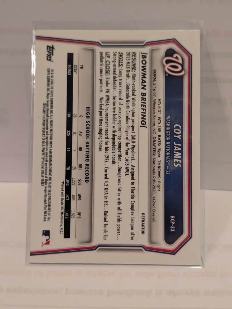 Coy James #/499 2026 Bowman Chrome #BCP-33 - (141) - Washington Nationals