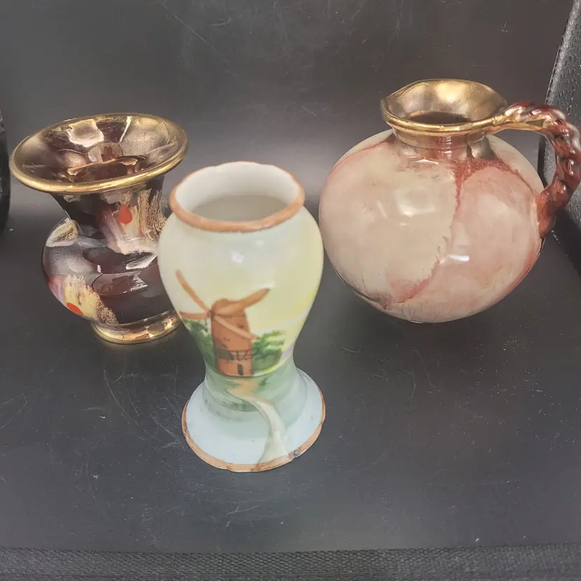 Lot of 3 Small Vases German Drip Glaze-Nippon W/Windwill-Carstens German Pitcher/Vase
