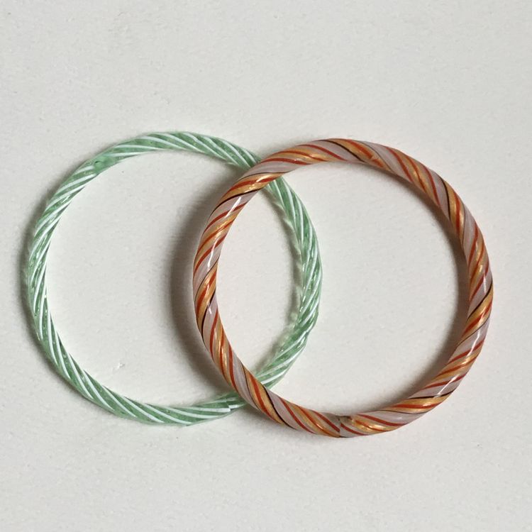 Vintage Art Glass Orange & Green Candy Striped Stretched Bangles Set of 2
