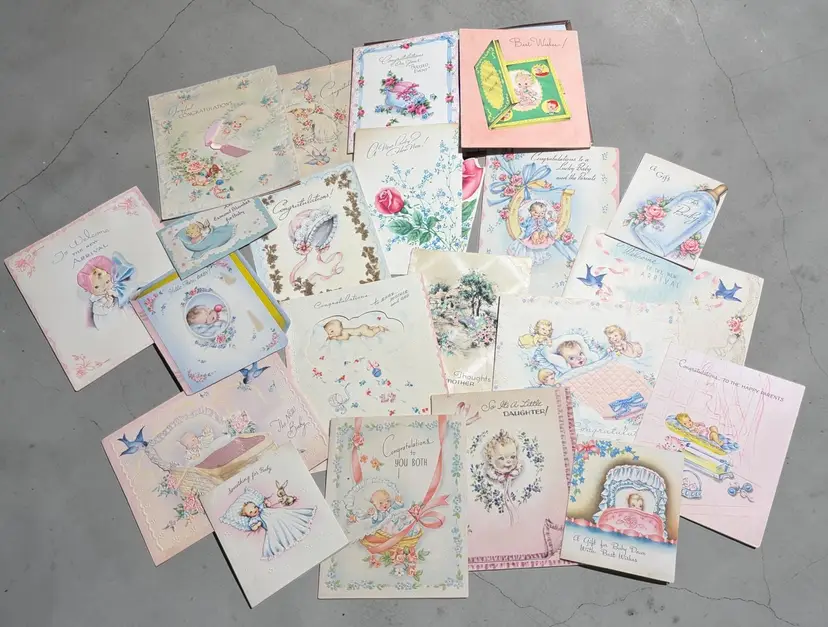 21 Vintage Welcome Baby Cards - Signed - Used 1940s
