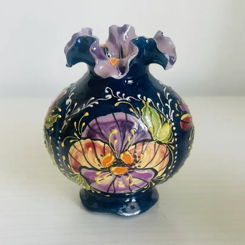 Pansy Flower Raised Paint Handmade Small Vase Turkish Style Pottery