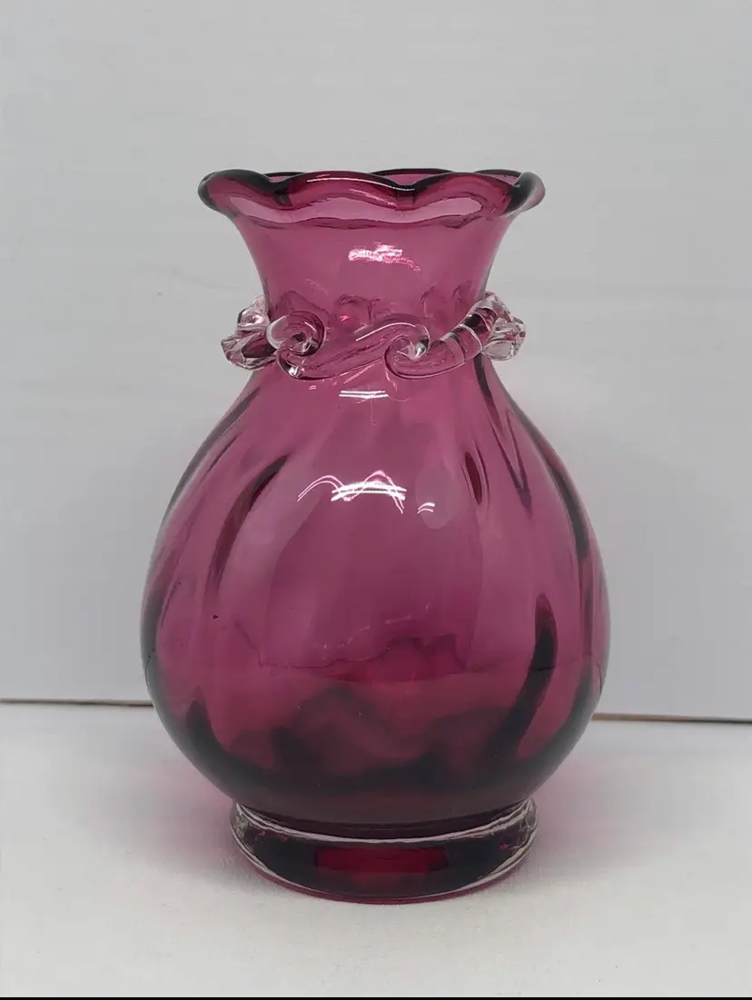 Hand-Blown Pilgrim Cranberry Glass Vase with Applied Optic Swirl