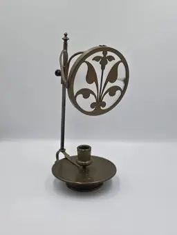 #01 Antique Adjustable Brass Tone Candle Holder With An Ornate Art Nouveau Style Glass Screen