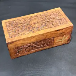 Hand Carved Wooden Trinket Box with Brass Inlay