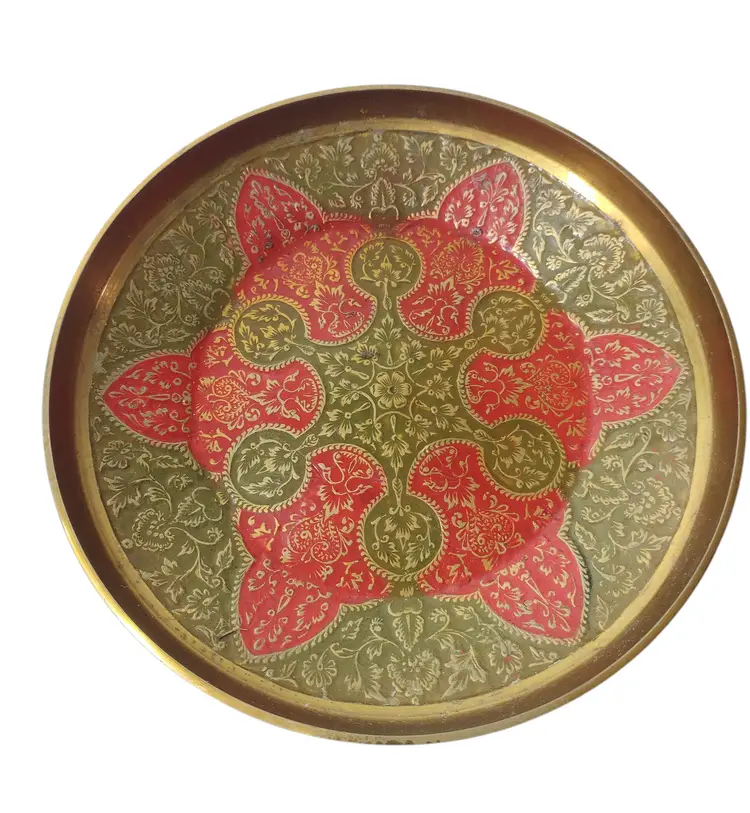 Vintage Enameled Brass Footed Ethnic Dish Bowl Trinket 7"