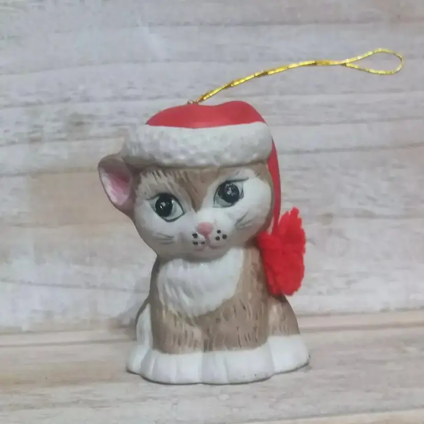 Vintage Jasco Lil' Chimers Cat with Santa Hat Porcelain Bell