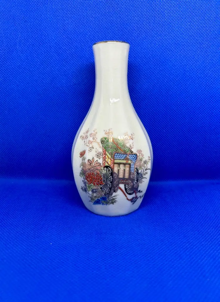 Vintage Japanese Satsuma Style Ceramic Vase with Hand-Painted Cart Motif