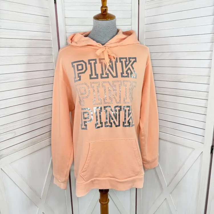 Pink by Victoria’s Secret Foil Shine Bling Campus Hoodie Small Orange Pullover