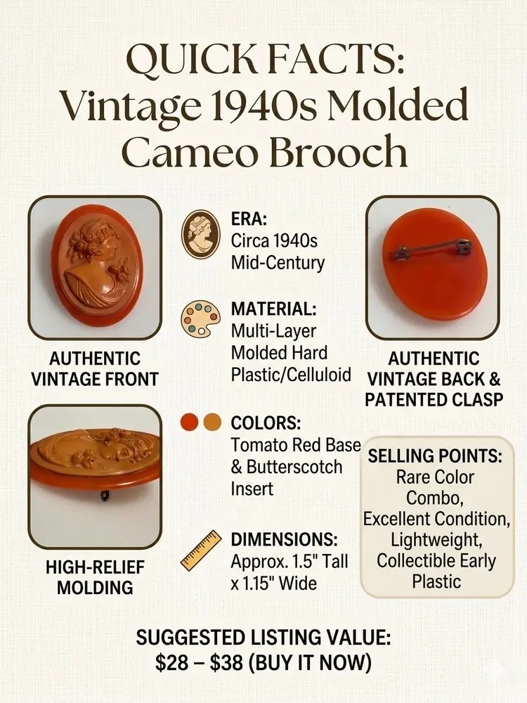 Cameo Mid-Century Brooch 1940s Jewelry, Celluloid Cameo Retro Red Brooch