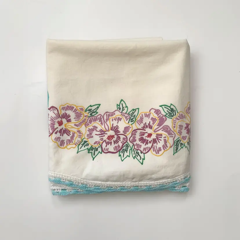 Hand Paint Liquid Embroider Pillowcase Pansy Crochet Lace Shabby Décor Cottage Core Vintage