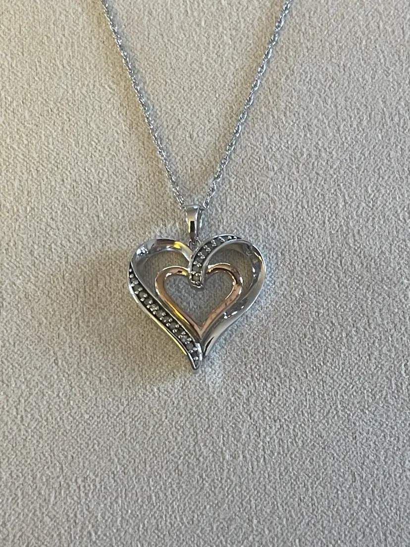 Diamond Double Heart Pendant Sterling Silver and 14k Rose Gold Necklace