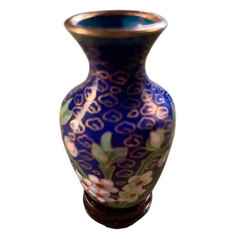 Vintage Miniature Cloisonne Blue Background w/Floral Design Vase - 2" tall