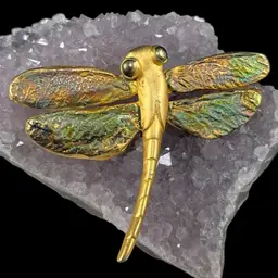 Large Matte Gold Tone Dragonfly Brooch With Iridescent Finish Wings, Vintage Dragonfly Brooch, Vintage Insect Brooch, Vintage Costume Jewelry
