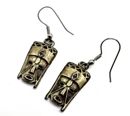 Vintage BOHO Brass Dangle Earrings,Tribal Mask, Gold Brass,2 Inch Long, Vintage 70’s Ear Wire Pierced Earrings