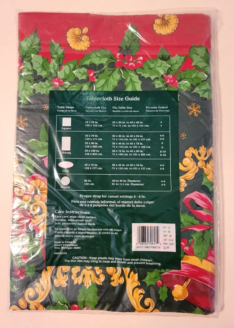 VTG Trim A Home Christmas Poinsettia Vinyl Flannel Backed Tablecloth Round 60"