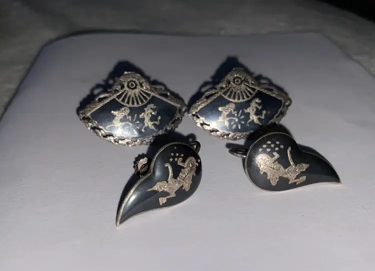 Siam 925 Sterling Silver Niello Dancer 2 Pair Earrings Fan & Teardrop shape