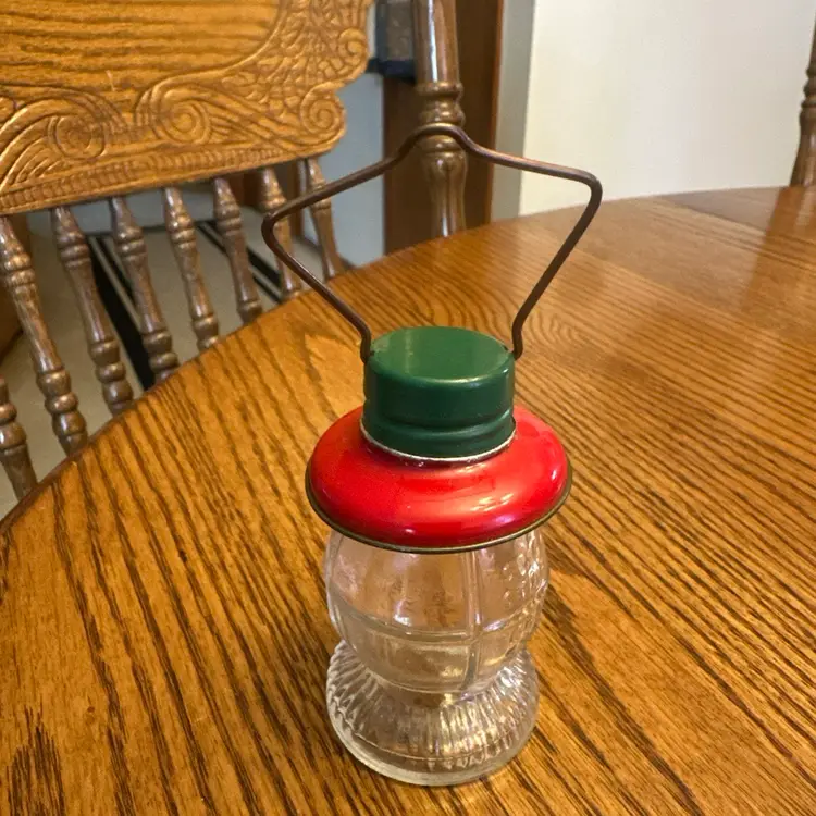 Vintage T.H. STOUGH Glass Lantern Corn Starch Corn Syrup Bottle Red & Green Lid