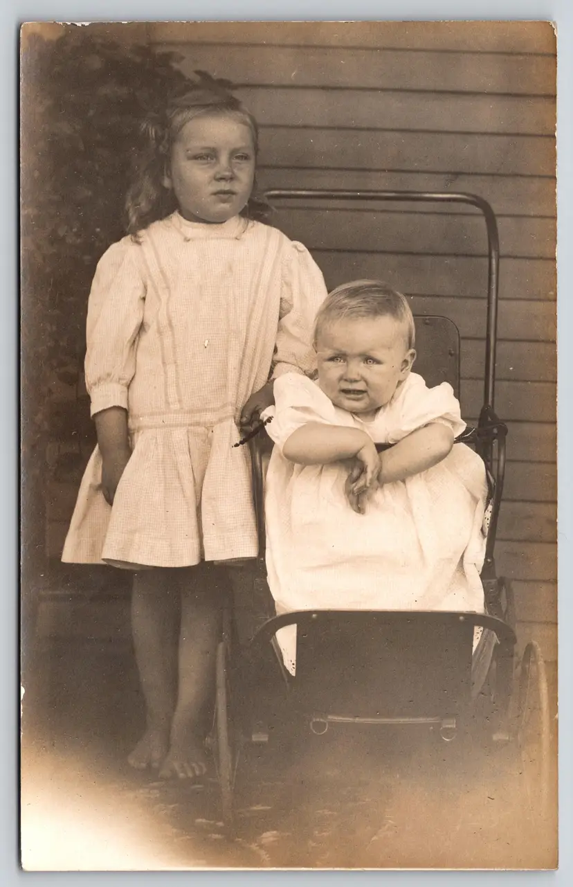 Postcard RPPC Chubby Baby in Pram with Sister Real Photo Children Baby Stroller - 9253