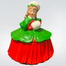 60's Vintage Lefton Christmas Girl Shopper With Muff, Vintage Christmas Candy Dish Jar, Red And Green Victorian Christmas Girl