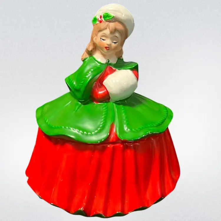 60's Vintage Lefton Christmas Girl Shopper With Muff, Vintage Christmas Candy Dish Jar, Red And Green Victorian Christmas Girl