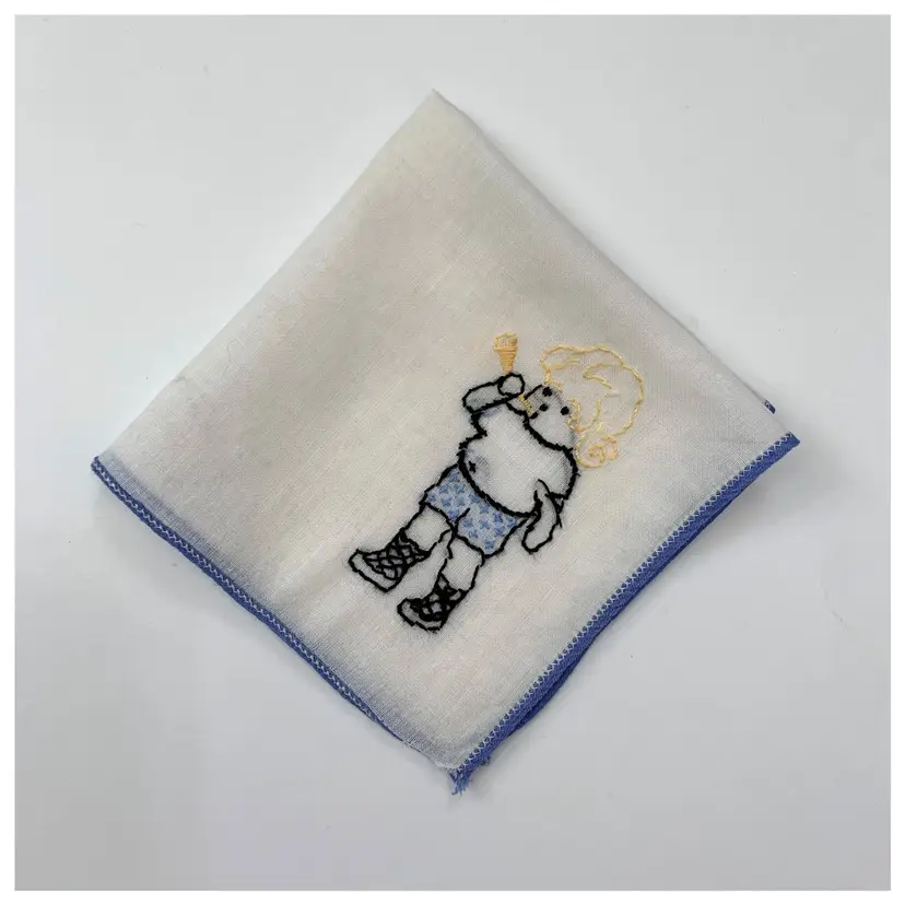 1940s Childs Embroidered Handkerchief Music Instrument Horn Mid Century