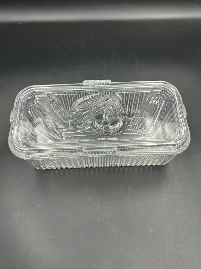 Vintage Federal clear glass, ribbed refrigerator dish with lid embossed fruit read more