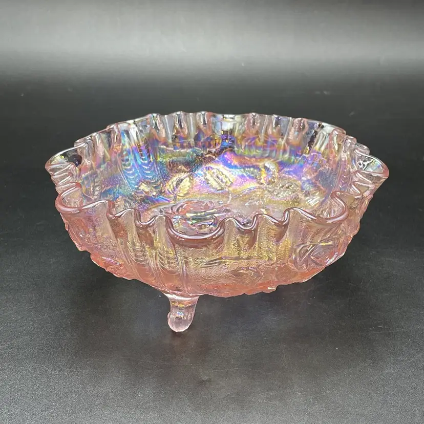 Imperial Glass Pink Carnival Footed Bowl Embossed Roses Iridescent Vintage Dish