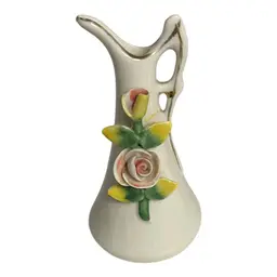 Vintage Ceramic Mid Century Floral Pitcher Vase 3.5” – Hand-Painted Roses, Gold Trim, Italian Style